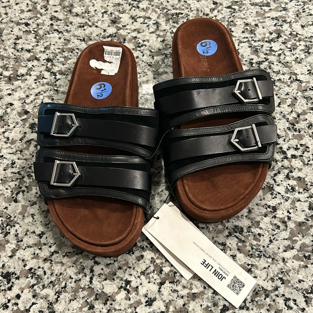 ZARA Srplus Spain Black Leather Buckle Slide Sandals